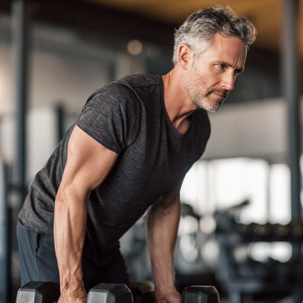 Middle-aged professional practicing strength training in modern fitness environment