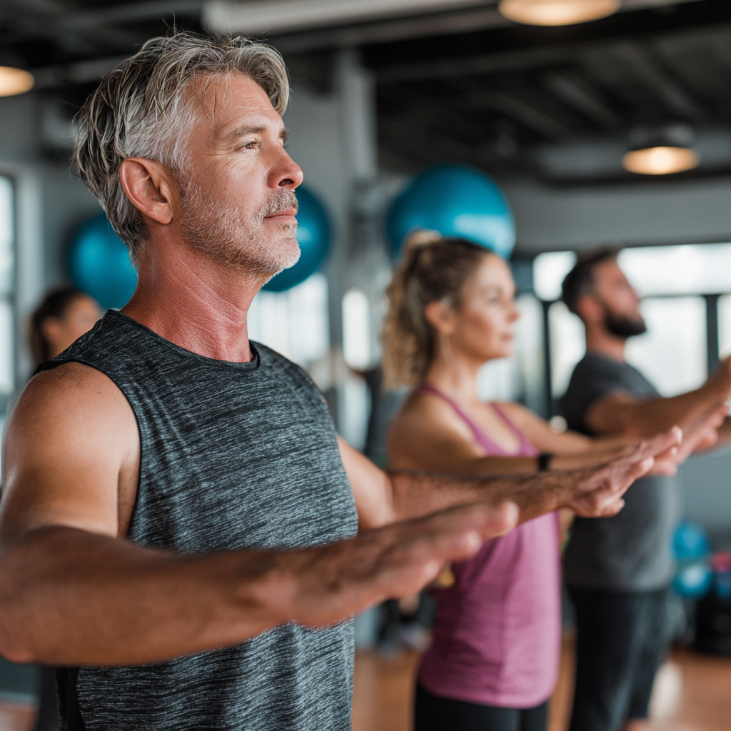 Fitness instructor demonstrating proper exercise form to adults in training session